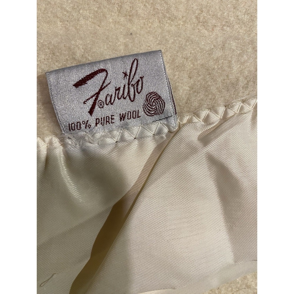 Faribo Satin Trim Cream Color 100% Wool Blanket 69x72 Vintage